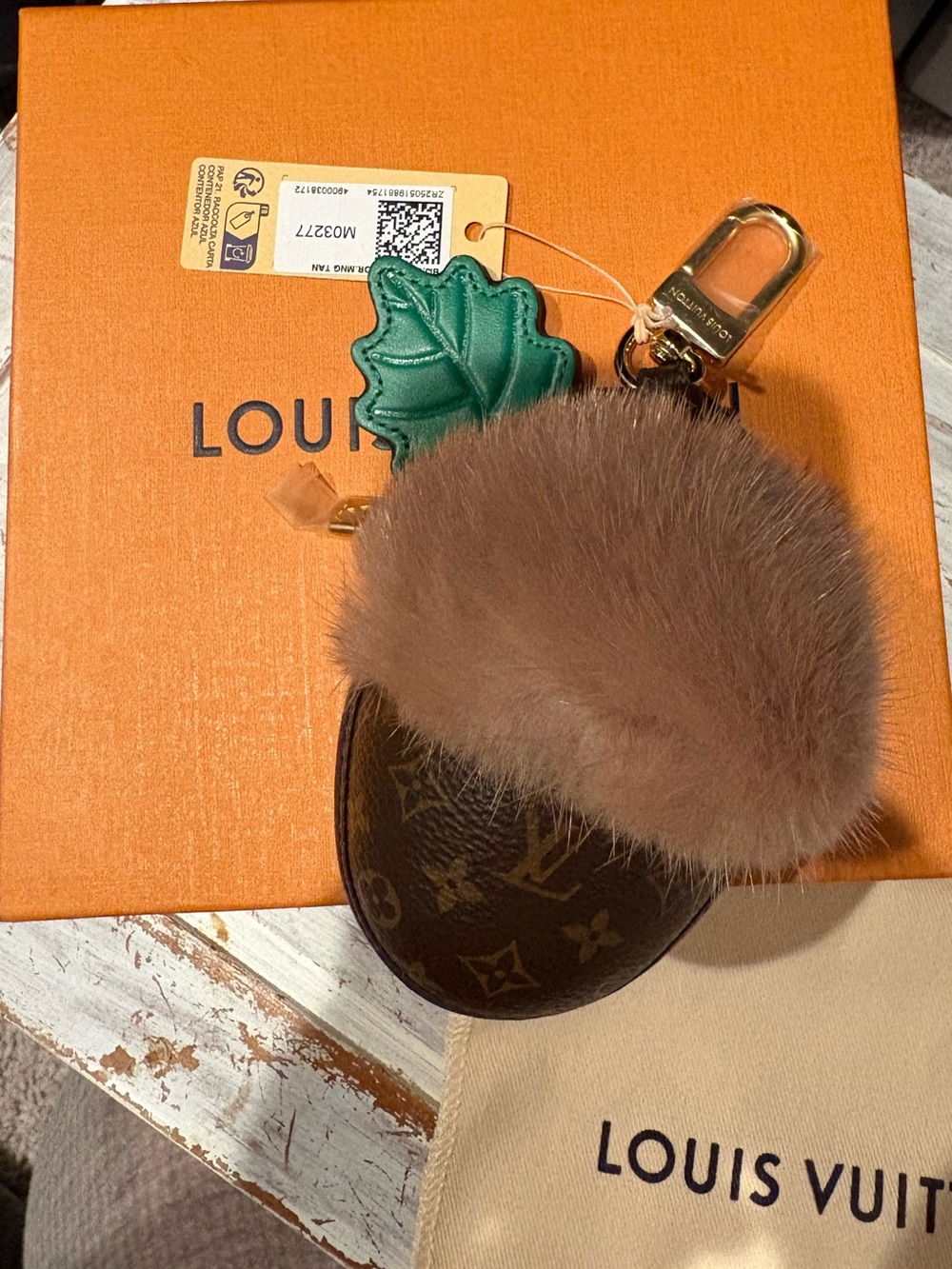 Louis Vuitton Brown Fur Pom-Pom Key Holder with Green Leaf Charm